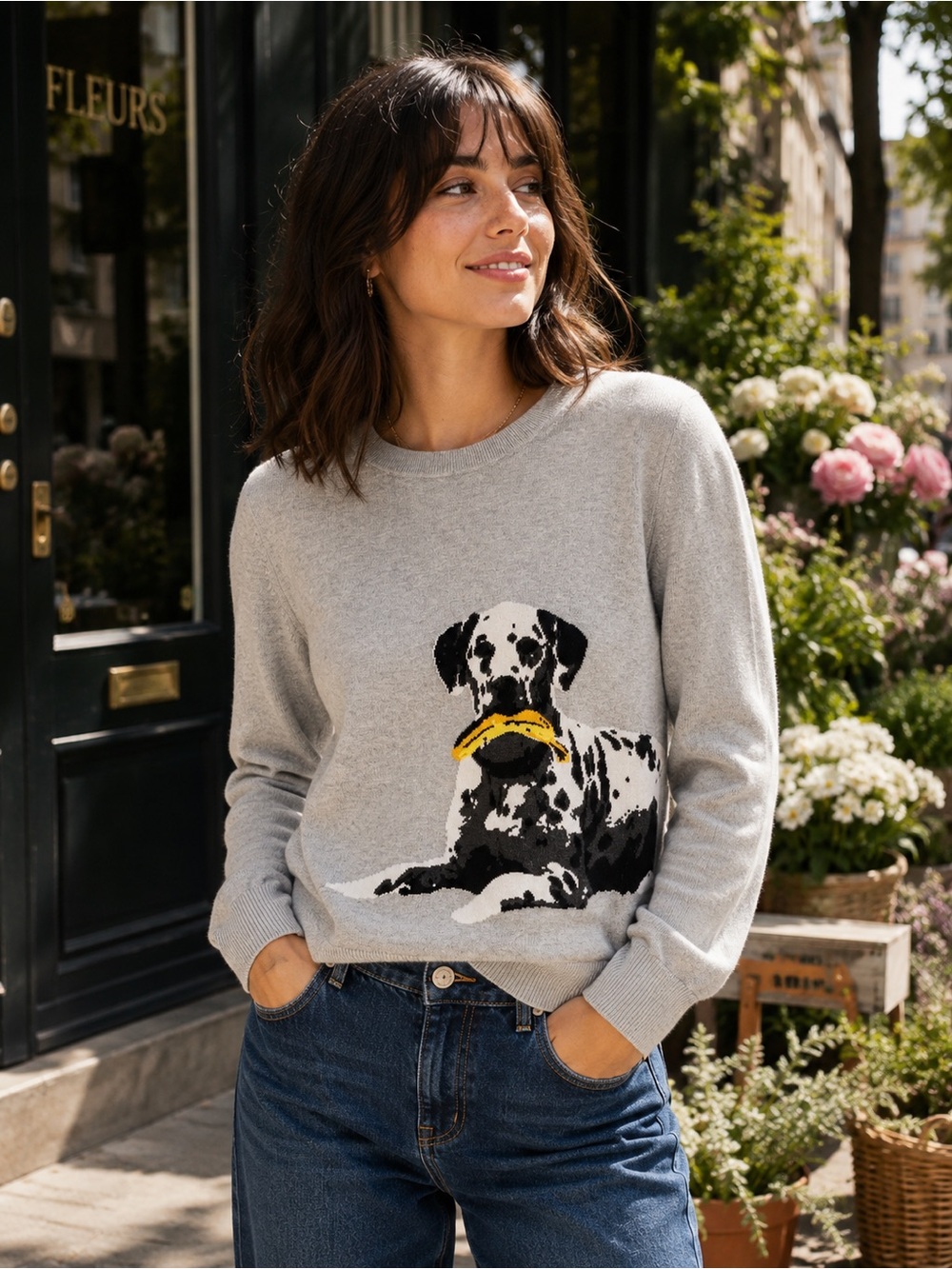 Banana Republic Dalmatian Dog Intarsia Cotton Sweater Gray Novelty Preppy M